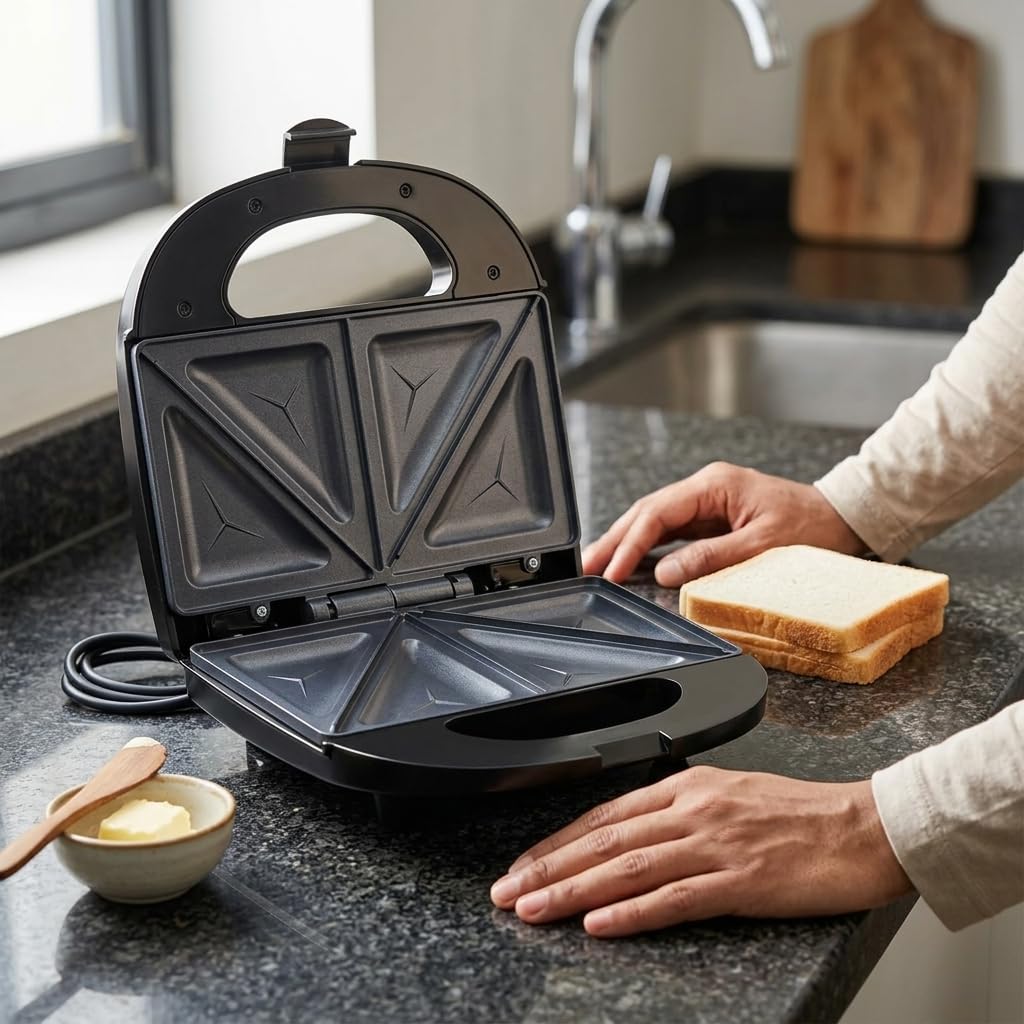 Classic Essentials 750W 4-Slice Sandwich Maker Non-Stick Dual Grill Plates | Quick & Even Heating | Grill & Toast Sandwich Maker | Cool Touch Handle with Press Lock | Smart Power Indicator | Black