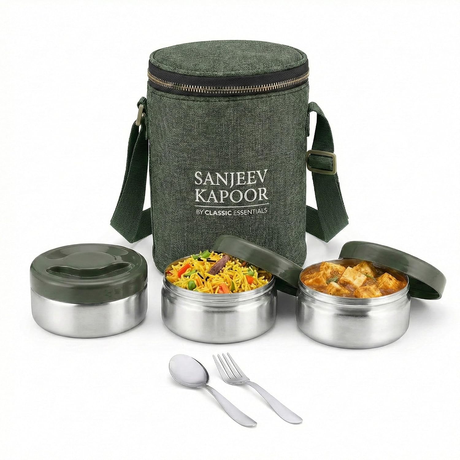Sanjeev Kapoor by Classic Essentials Nutri Nest Insulated Lunch Box | 3 x 400ml Leak Proof Stainless Steel Tiffin Box with Bag & Cutlery | Microwave Friendly Lunch Box for Office & School | Green