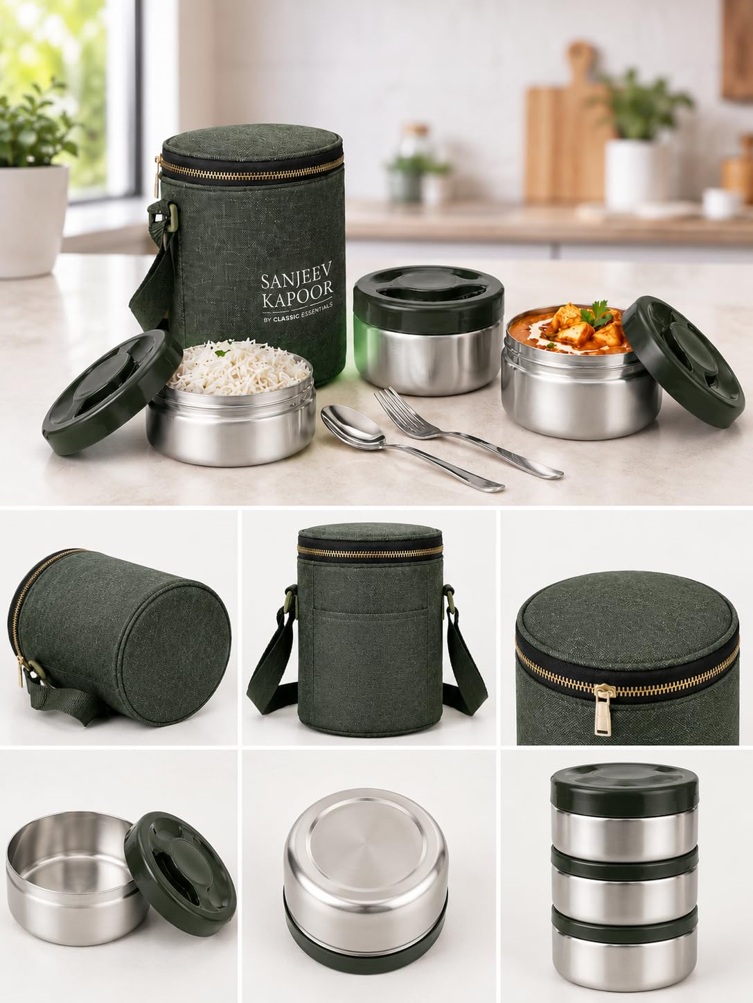 Sanjeev Kapoor by Classic Essentials Nutri Nest Insulated Lunch Box | 3 x 400ml Leak Proof Stainless Steel Tiffin Box with Bag & Cutlery | Microwave Friendly Lunch Box for Office & School | Green