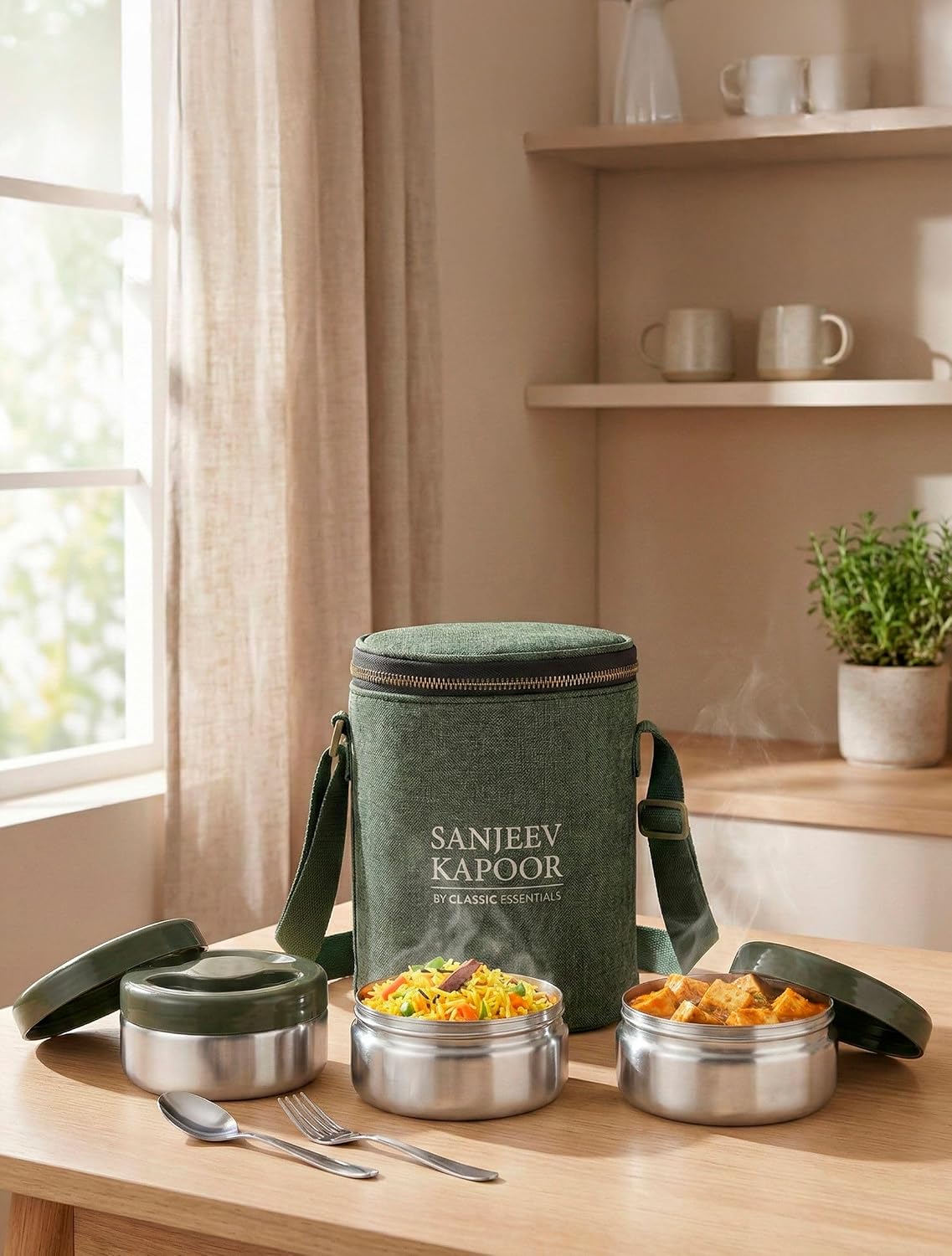 Sanjeev Kapoor by Classic Essentials Nutri Nest Insulated Lunch Box | 3 x 400ml Leak Proof Stainless Steel Tiffin Box with Bag & Cutlery | Microwave Friendly Lunch Box for Office & School | Green