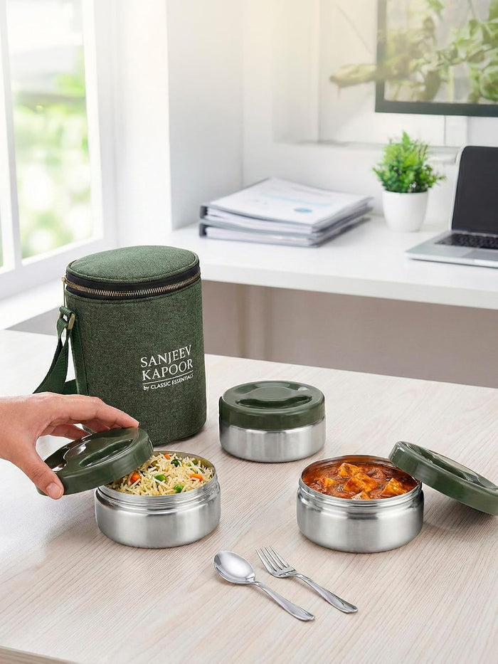 Sanjeev Kapoor by Classic Essentials Nutri Nest Insulated Lunch Box | 3 x 400ml Leak Proof Stainless Steel Tiffin Box with Bag & Cutlery | Microwave Friendly Lunch Box for Office & School | Green