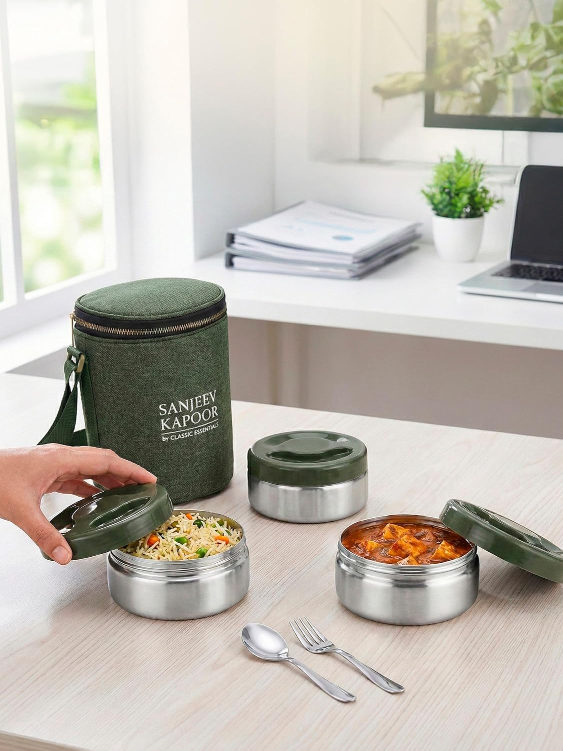 Sanjeev Kapoor by Classic Essentials Nutri Nest Insulated Lunch Box | 3 x 400ml Leak Proof Stainless Steel Tiffin Box with Bag & Cutlery | Microwave Friendly Lunch Box for Office & School | Green