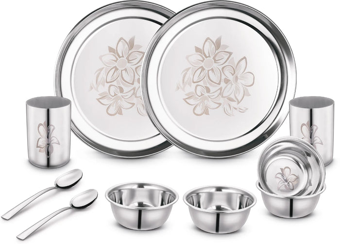 Classic Essentials 5-Piece Stainless Steel Dinner Set for 1 | Includes 2 Plate, 4 Bowls, 2 Glass & 4 Spoon | Floral Steel Dinner Set for Daily Use & Gifting