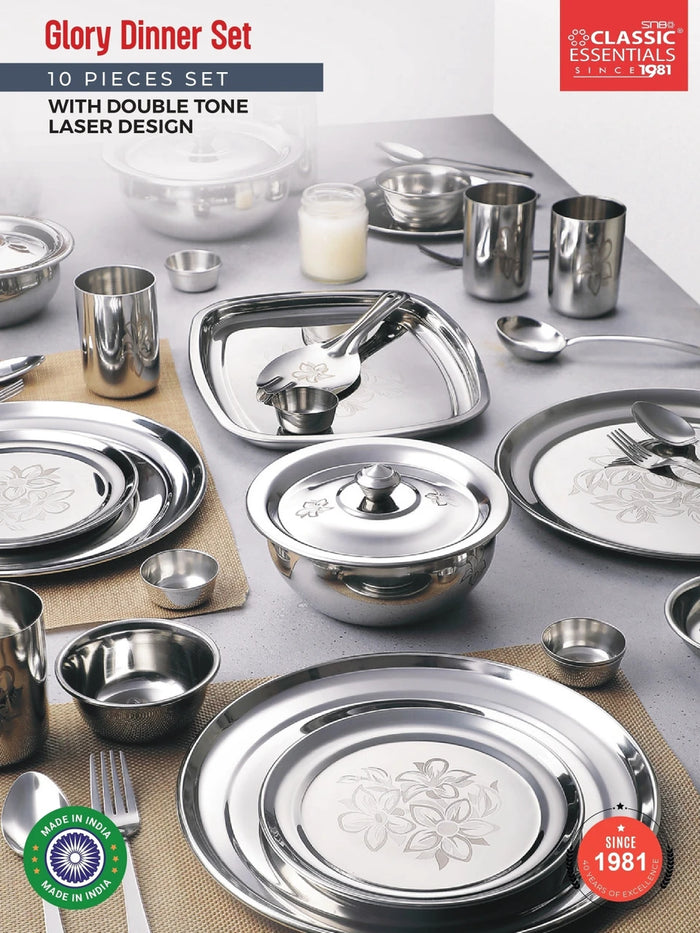 Classic Essentials 5-Piece Stainless Steel Dinner Set for 1 | Includes 2 Plate, 4 Bowls, 2 Glass & 4 Spoon | Floral Steel Dinner Set for Daily Use & Gifting