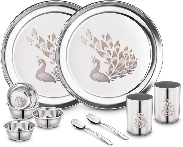 Classic Essentials Pack of 10 Stainless Steel Dinner Set|Serves 2 People|Heavy Gauge|Kitchen Set|Permanent Laser-Peacock Dinner Set