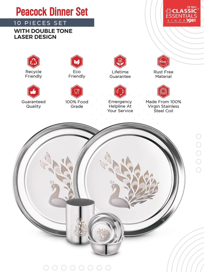 Classic Essentials Pack of 10 Stainless Steel Dinner Set|Serves 2 People|Heavy Gauge|Kitchen Set|Permanent Laser-Peacock Dinner Set