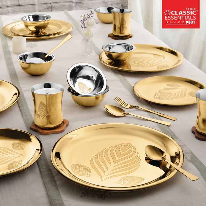 Classic Essentials 28 pc Stainless Steel Divine Dinner Set with High Grade PVD Coating and Permanent Laser Design.