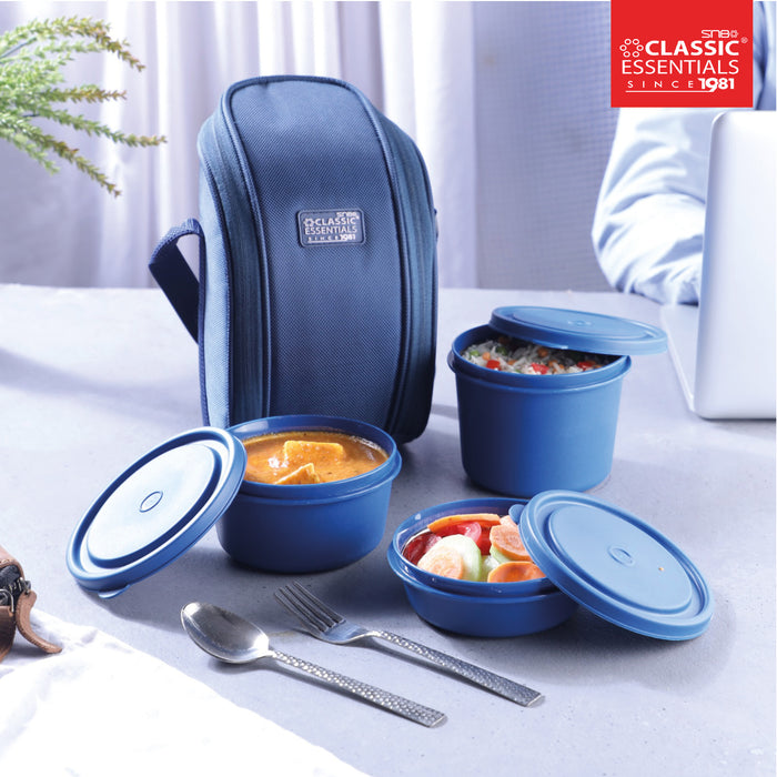 Supreme Lunch Box (Microwave Safe), 3 Containers Set (with Cutlery and a Free Bag, 1250ML, Blue)