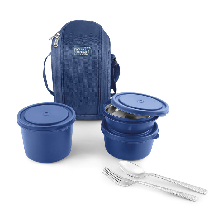 Supreme Lunch Box (Microwave Safe), 3 Containers Set (with Cutlery and a Free Bag, 1250ML, Blue)