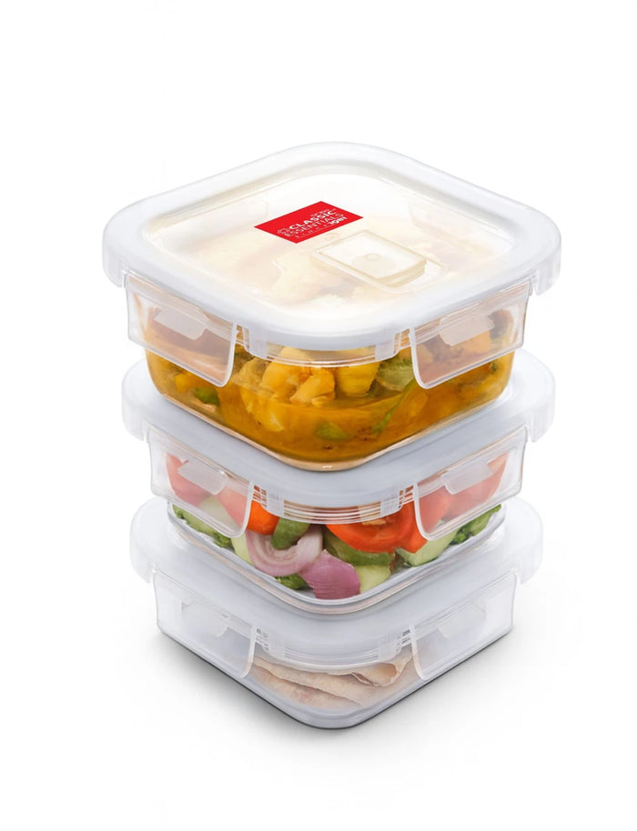 Classic Essentials Square Borosilicate Glass Microwave Safe Lunch Box Set with Lids, 3 Containers x 320 ml, Glass Office Tiffin for Food Storage
