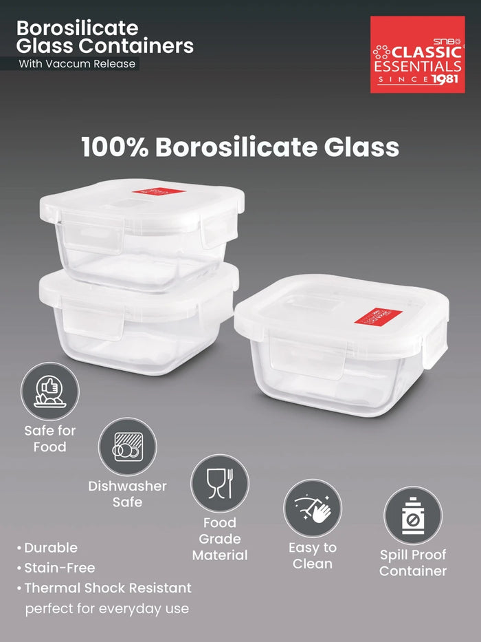 Classic Essentials Square Borosilicate Glass Microwave Safe Lunch Box Set with Lids, 3 Containers x 320 ml, Glass Office Tiffin for Food Storage
