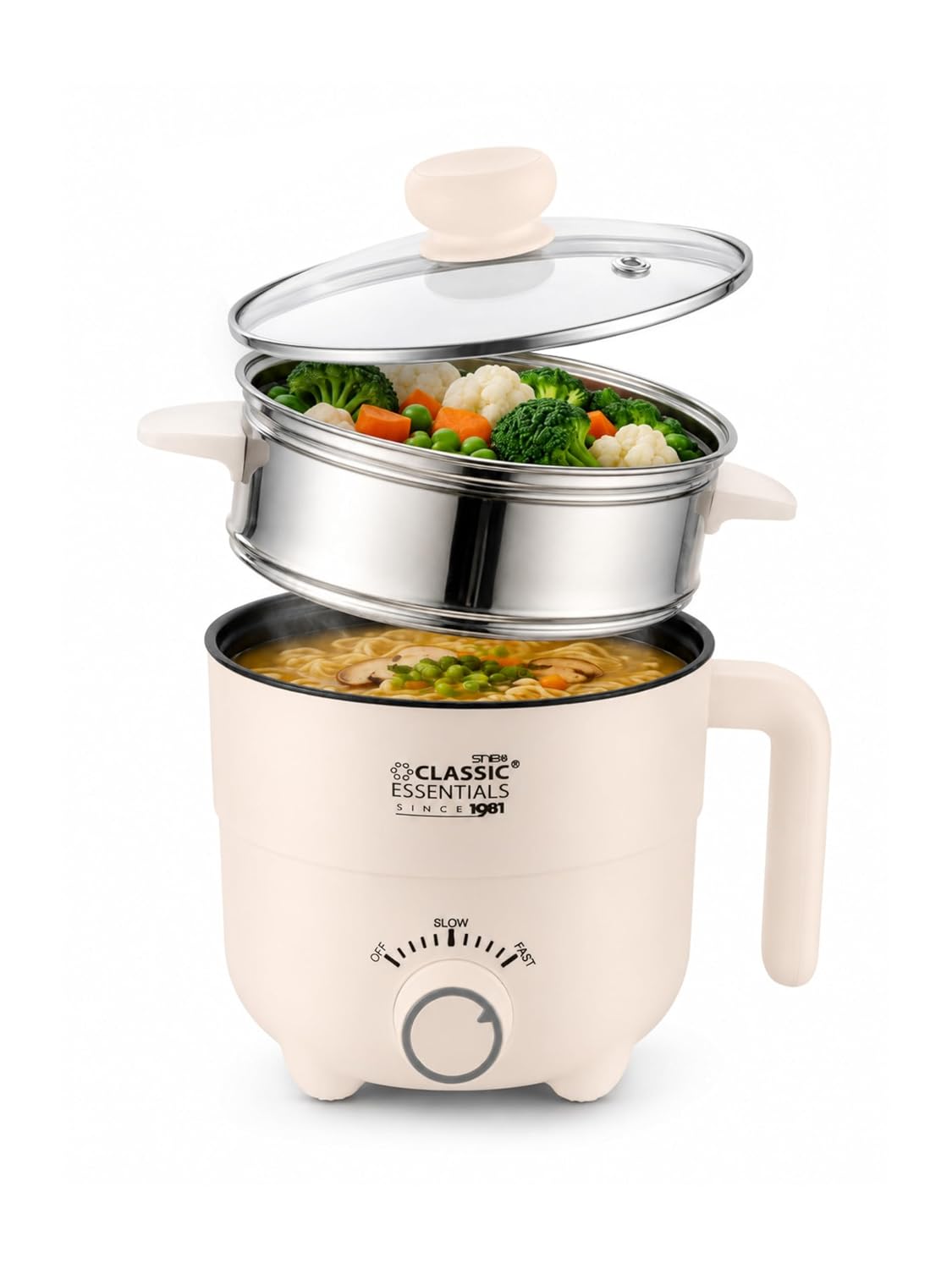 Classic Essentials Multipurpose 1.5L Electric Kettle & Steamer | 600W Fast Heating | Stainless Steel Inner Pot | Double Layer Cool Touch Body | Tea, Coffee, Soup, Egg Boiler & Vegetable Steamer
