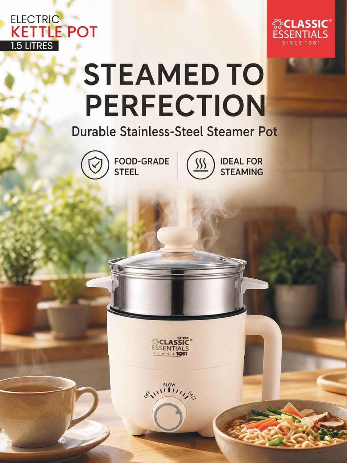 Classic Essentials Multipurpose 1.5L Electric Kettle & Steamer | 600W Fast Heating | Stainless Steel Inner Pot | Double Layer Cool Touch Body | Tea, Coffee, Soup, Egg Boiler & Vegetable Steamer
