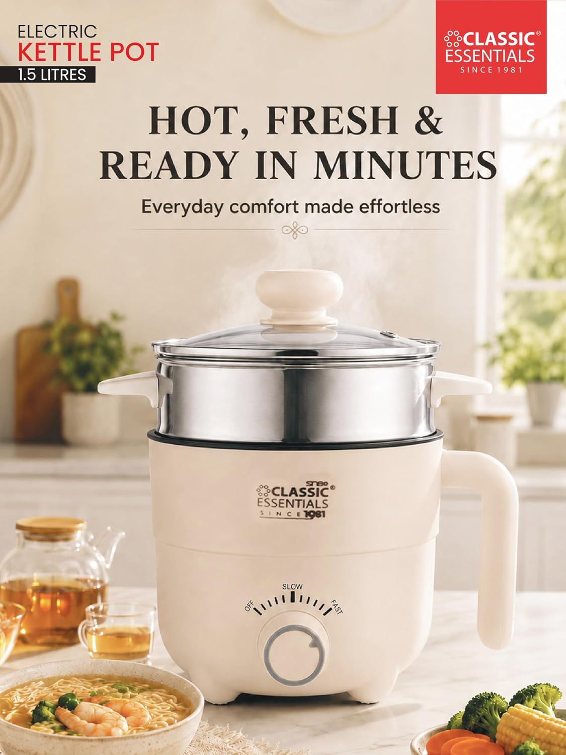 Classic Essentials Multipurpose 1.5L Electric Kettle & Steamer | 600W Fast Heating | Stainless Steel Inner Pot | Double Layer Cool Touch Body | Tea, Coffee, Soup, Egg Boiler & Vegetable Steamer
