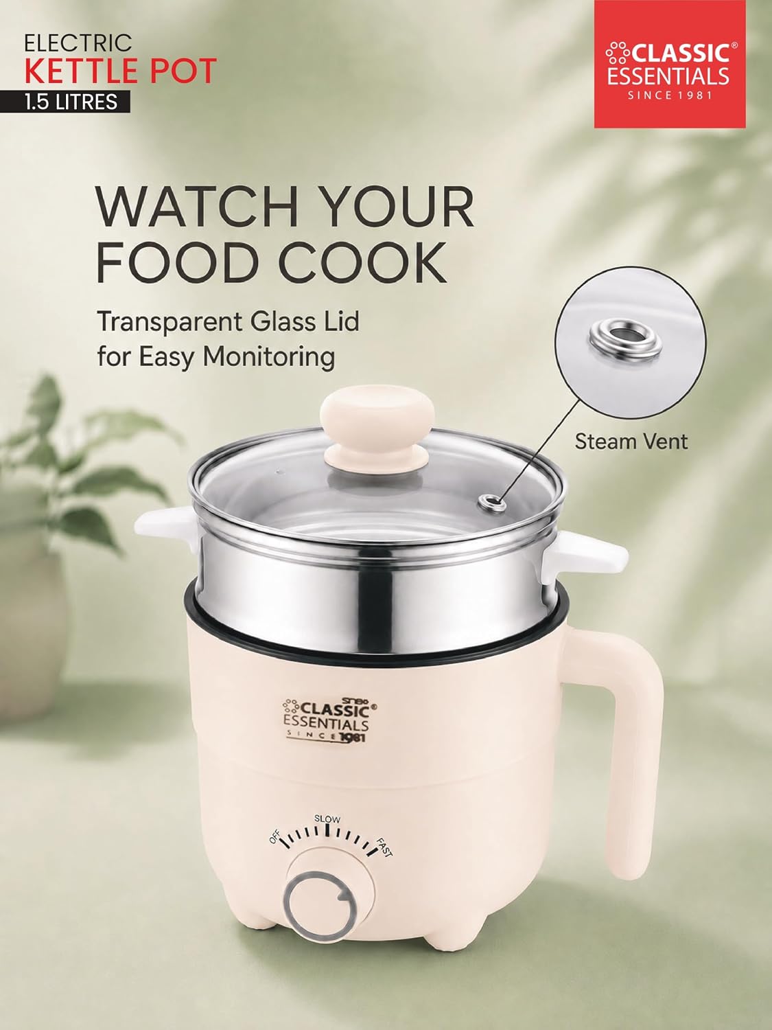 Classic Essentials Multipurpose 1.5L Electric Kettle & Steamer | 600W Fast Heating | Stainless Steel Inner Pot | Double Layer Cool Touch Body | Tea, Coffee, Soup, Egg Boiler & Vegetable Steamer

