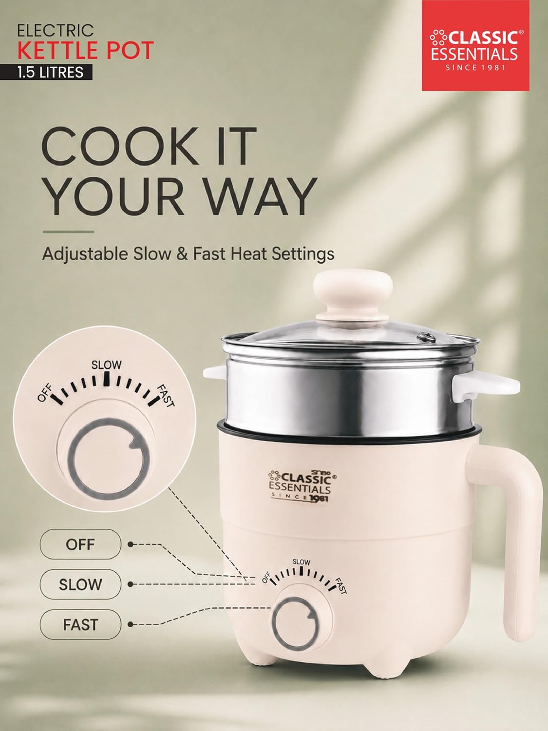 Classic Essentials Multipurpose 1.5L Electric Kettle & Steamer | 600W Fast Heating | Stainless Steel Inner Pot | Double Layer Cool Touch Body | Tea, Coffee, Soup, Egg Boiler & Vegetable Steamer
