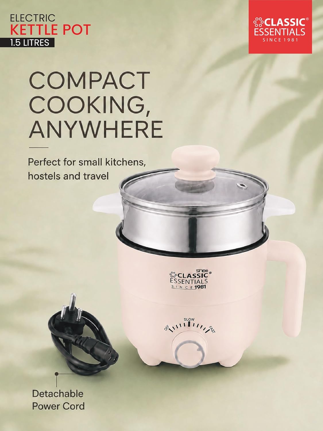 Classic Essentials Multipurpose 1.5L Electric Kettle & Steamer | 600W Fast Heating | Stainless Steel Inner Pot | Double Layer Cool Touch Body | Tea, Coffee, Soup, Egg Boiler & Vegetable Steamer
