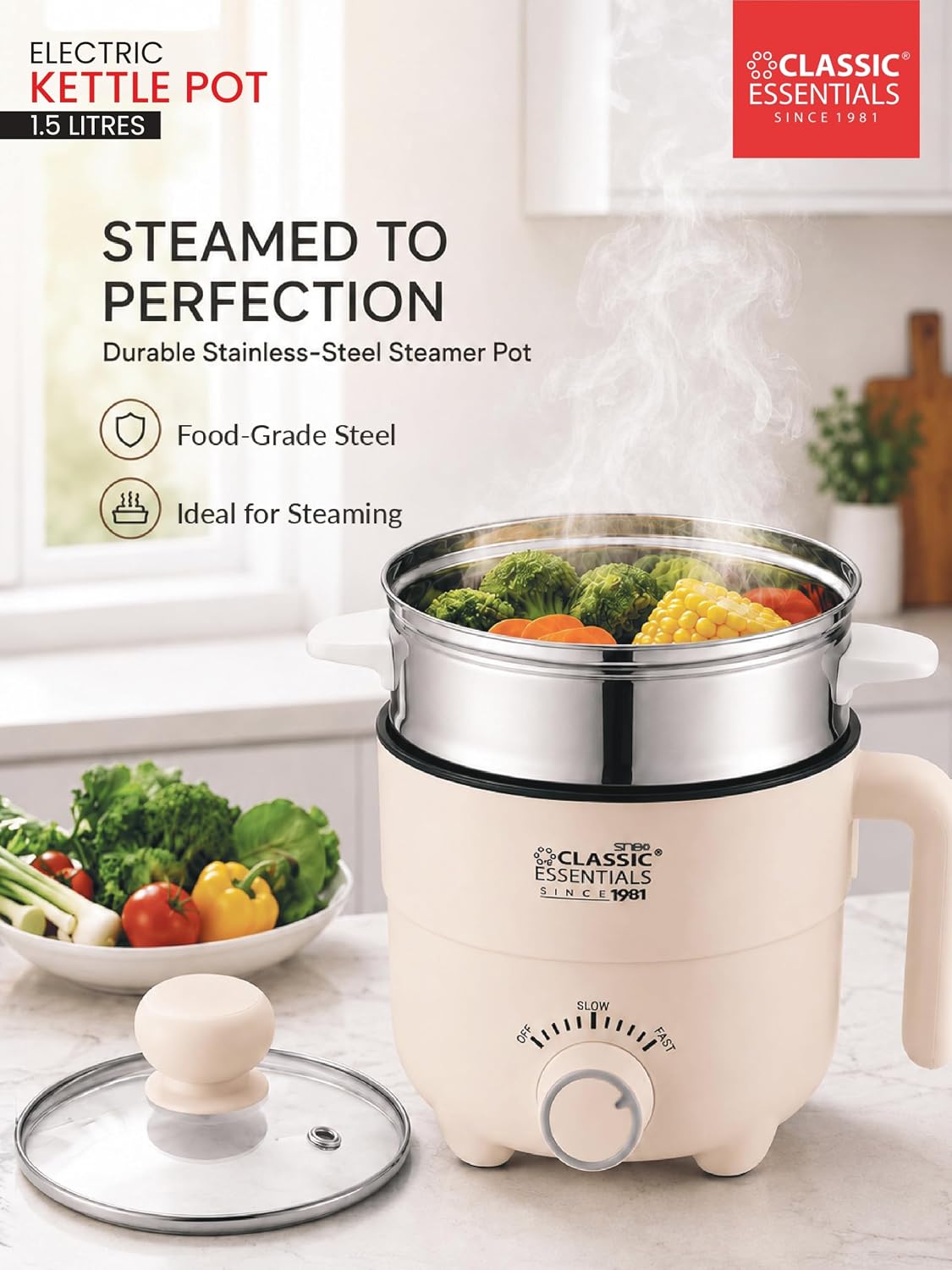 Classic Essentials Multipurpose 1.5L Electric Kettle & Steamer | 600W Fast Heating | Stainless Steel Inner Pot | Double Layer Cool Touch Body | Tea, Coffee, Soup, Egg Boiler & Vegetable Steamer
