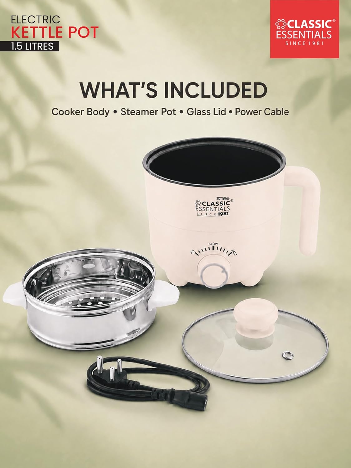 Classic Essentials Multipurpose 1.5L Electric Kettle & Steamer | 600W Fast Heating | Stainless Steel Inner Pot | Double Layer Cool Touch Body | Tea, Coffee, Soup, Egg Boiler & Vegetable Steamer
