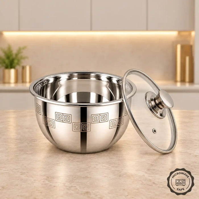Sanjeev Kapoor Classic Essentials Stainless Steel Mixing & Serving Bowl (1500ml) – Aztec Laser Design, Mirror Finish, Microwave-Safe
