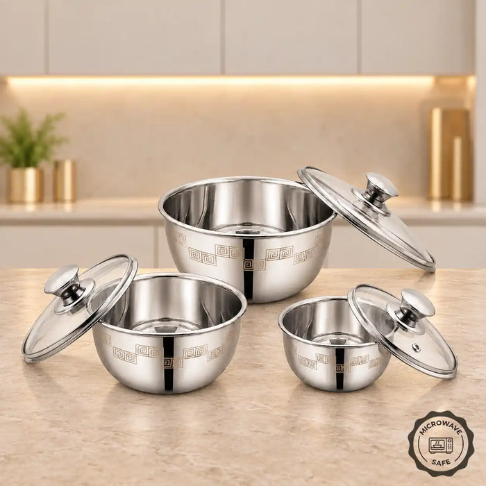Sanjeev Kapoor by Classic Essentials MICROSAFE Stainless Steel Portion Bowl Set (750ml, 1000ml, 1500ml) | Microwave Safe | Aztec Laser Printed