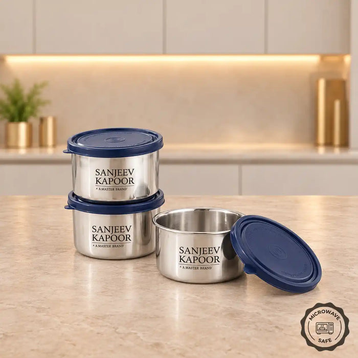 Sanjeev Kapoor by Classic Essentials Set of 3  Microwave Safe Stainless Steel Office & School Lunch Box Containers