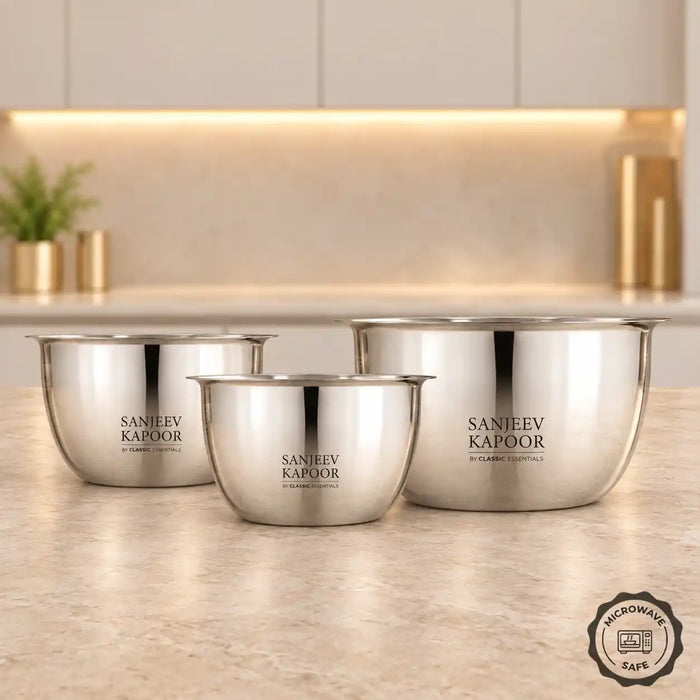 Set of 3 (750ml, 1000ml, 1500ml) Microwave Safe Stainless Steel Portion Bowl Set | Sanjeev Kapoor Series - Classic Essentials