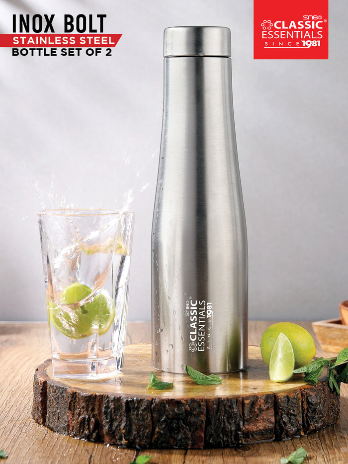 Stainless Steel Inox Carbo | Bolt Matt Finish Water Bottle For Fridge, School, Home, Office, Travel, Gym, Capacity -1000ml, Color: Silver, (Pack of 2)