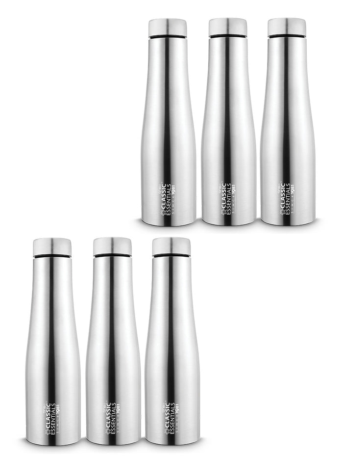 Stainless Steel Inox Carbo | Bolt Matt Finish Water Bottle For Fridge, School, Home, Office, Travel, Gym, Capacity -1000ml, Color: Silver, (Pack of 6)