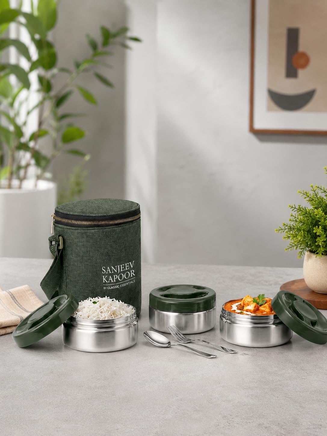 Sanjeev Kapoor by Classic Essentials Nutri Nest Insulated Lunch Box | 3 x 400ml Leak Proof Stainless Steel Tiffin Box with Bag & Cutlery | Microwave Friendly Lunch Box for Office & School | Green