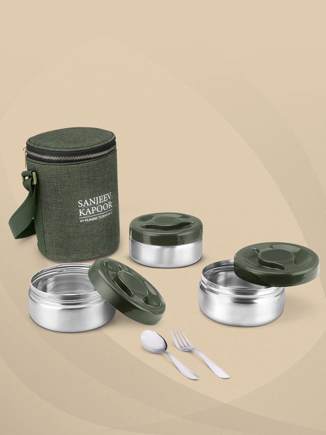 Sanjeev Kapoor by Classic Essentials Nutri Nest Insulated Lunch Box | 3 x 400ml Leak Proof Stainless Steel Tiffin Box with Bag & Cutlery | Microwave Friendly Lunch Box for Office & School | Green