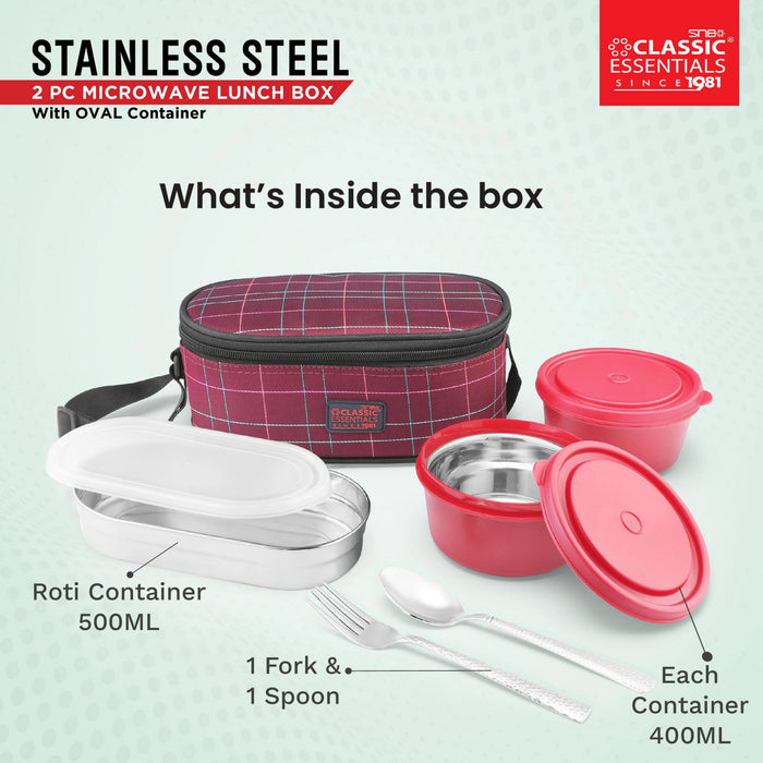 Classic Essentials Stainless Steel Microwave safe, Lunch Box Set with Cutlery, Capacity: 1300ML, Color: Red