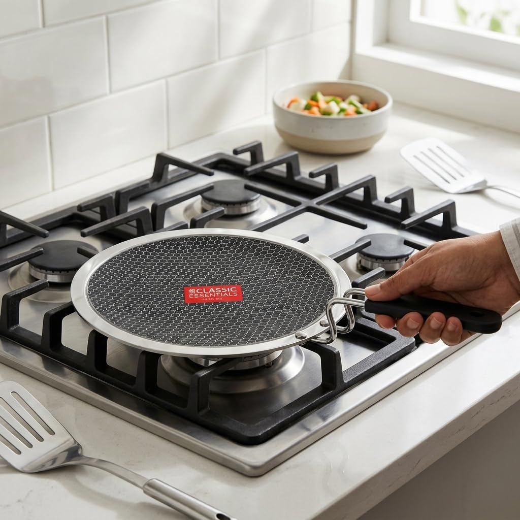 CLASSIC ESSENTIALS Triply Stainless Steel 28 cm Artisan Hybrid Roti Tawa 4 mm Thick | Honeycomb Structured Cooking Surface | Scratch Resistant | Fast & Even Heating | Gas Stove & Induction Compatible