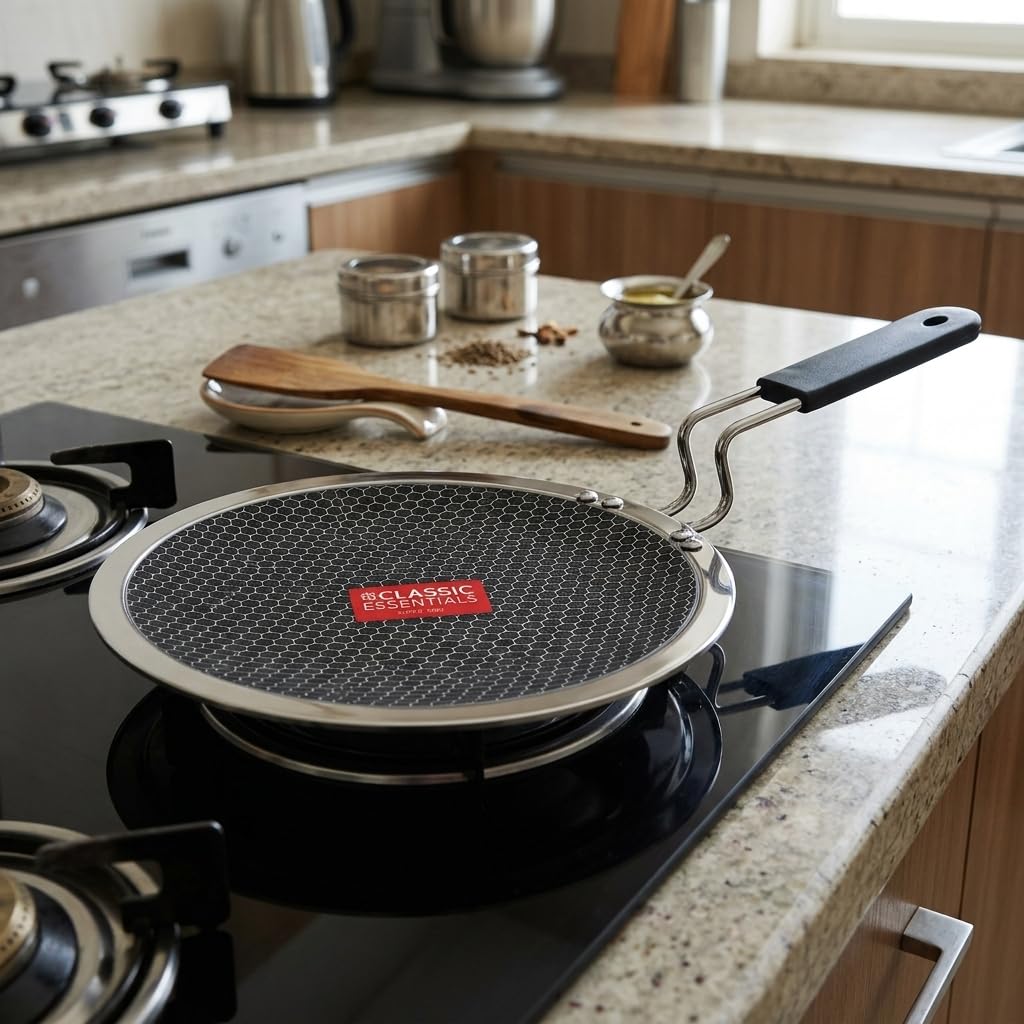 CLASSIC ESSENTIALS Triply Stainless Steel 28 cm Artisan Hybrid Roti Tawa 4 mm Thick | Honeycomb Structured Cooking Surface | Scratch Resistant | Fast & Even Heating | Gas Stove & Induction Compatible