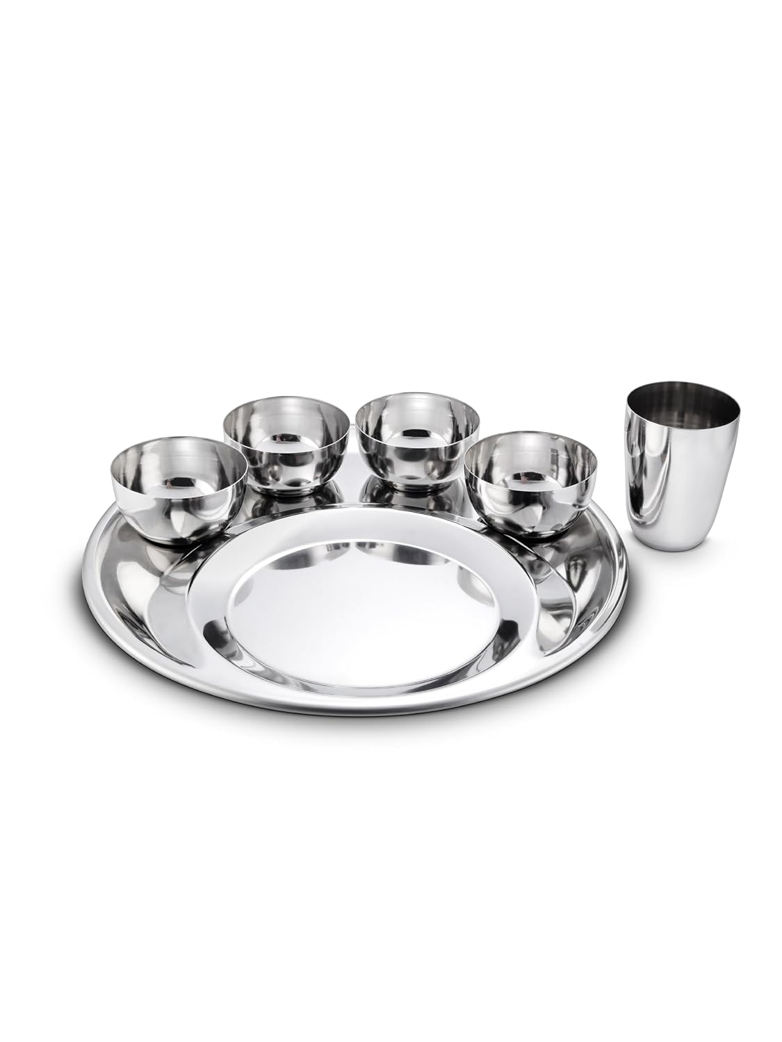 Classic Essentials Stainless Steel Maharaja Thali Set with Elegant Laser Design | 12 Inch Premium Dinner Plate Set with 4 Bowls, 1 Glass, 1 Spoon & 1 Fork | Dining Set for Home & Kitchen (Pack of 7)