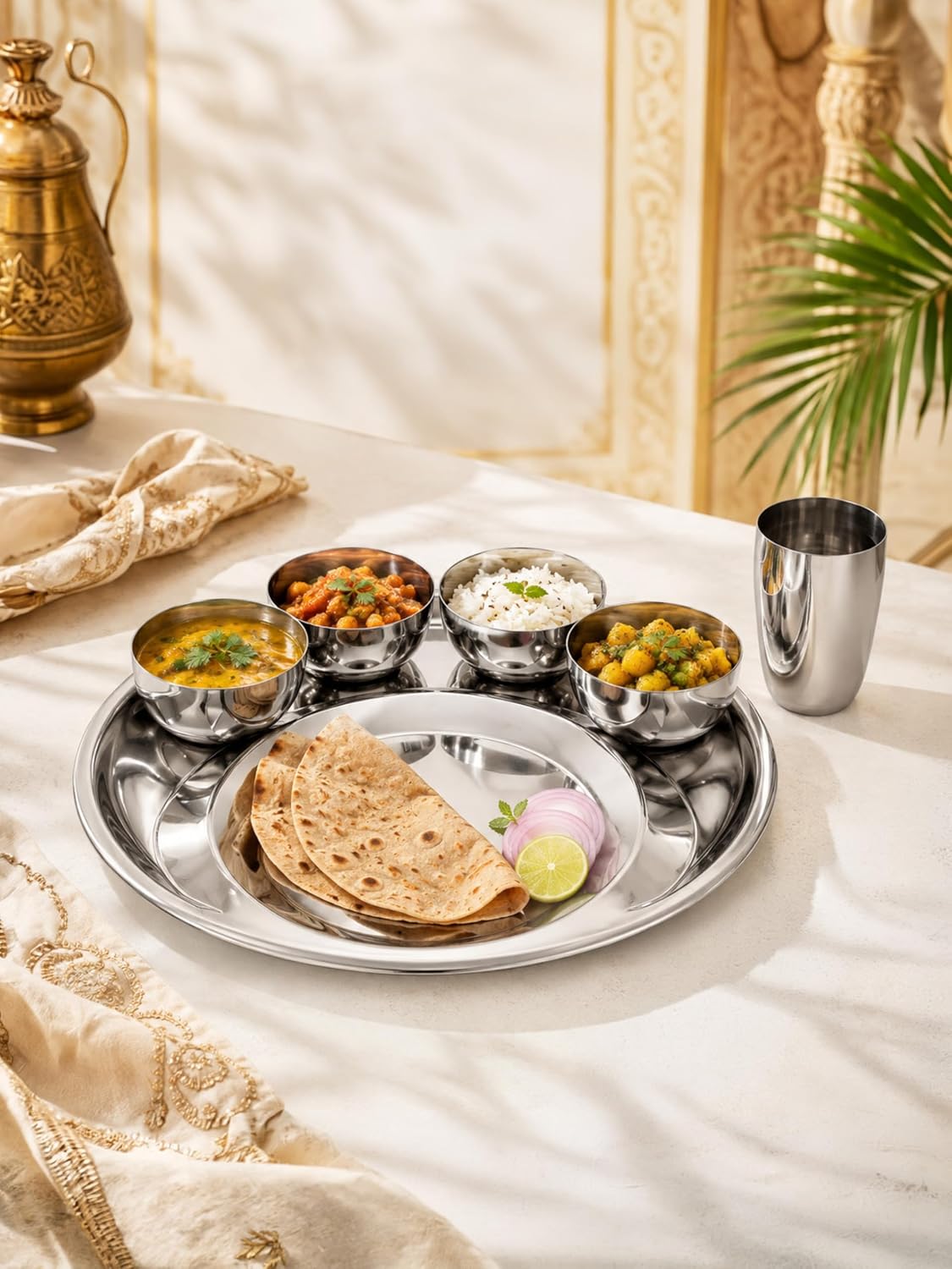 Classic Essentials Stainless Steel Maharaja Thali Set with Elegant Laser Design | 12 Inch Premium Dinner Plate Set with 4 Bowls, 1 Glass, 1 Spoon & 1 Fork | Dining Set for Home & Kitchen (Pack of 7)
