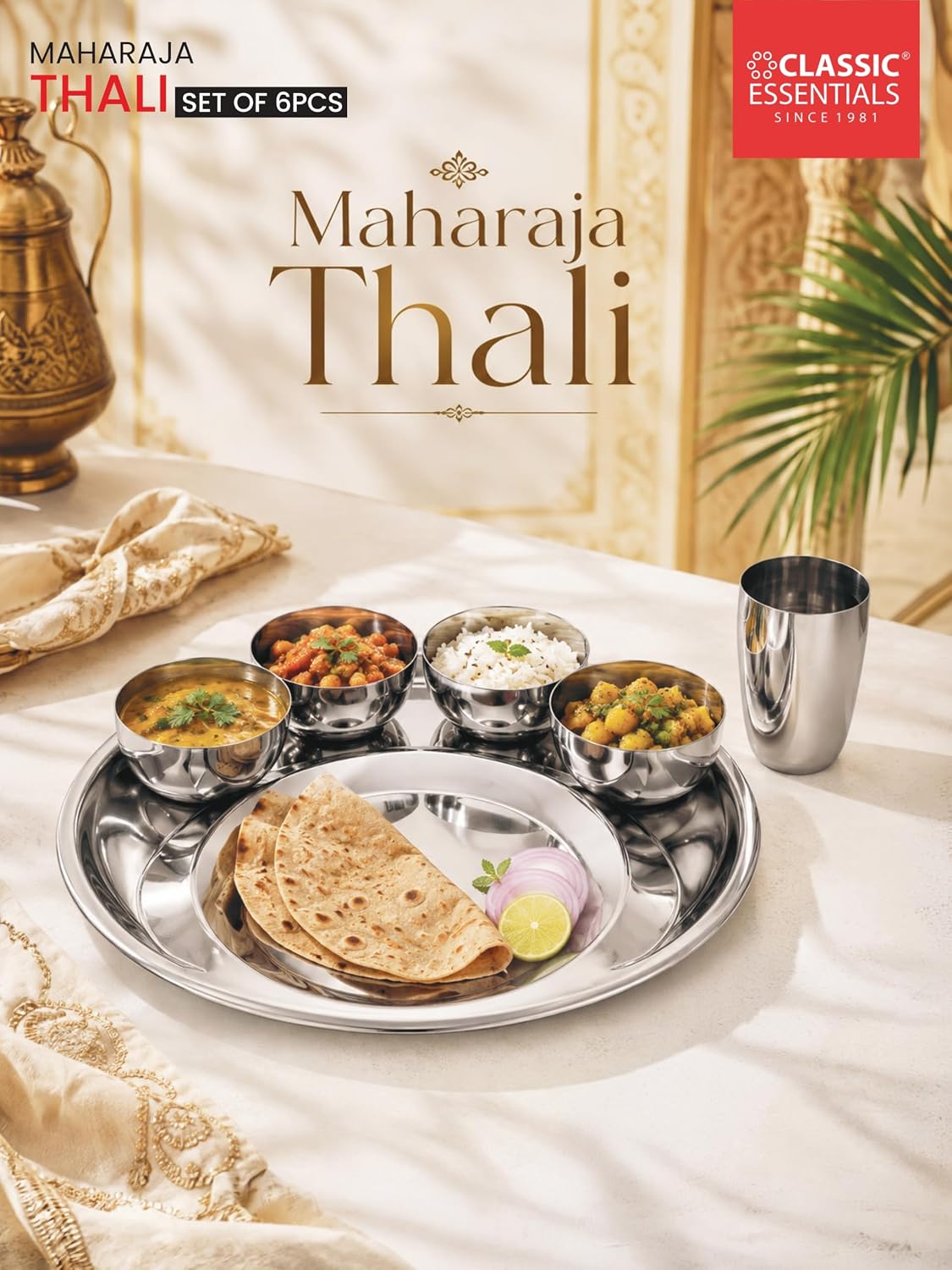Classic Essentials Stainless Steel Maharaja Thali Set with Elegant Laser Design | 12 Inch Premium Dinner Plate Set with 4 Bowls, 1 Glass, 1 Spoon & 1 Fork | Dining Set for Home & Kitchen (Pack of 7)