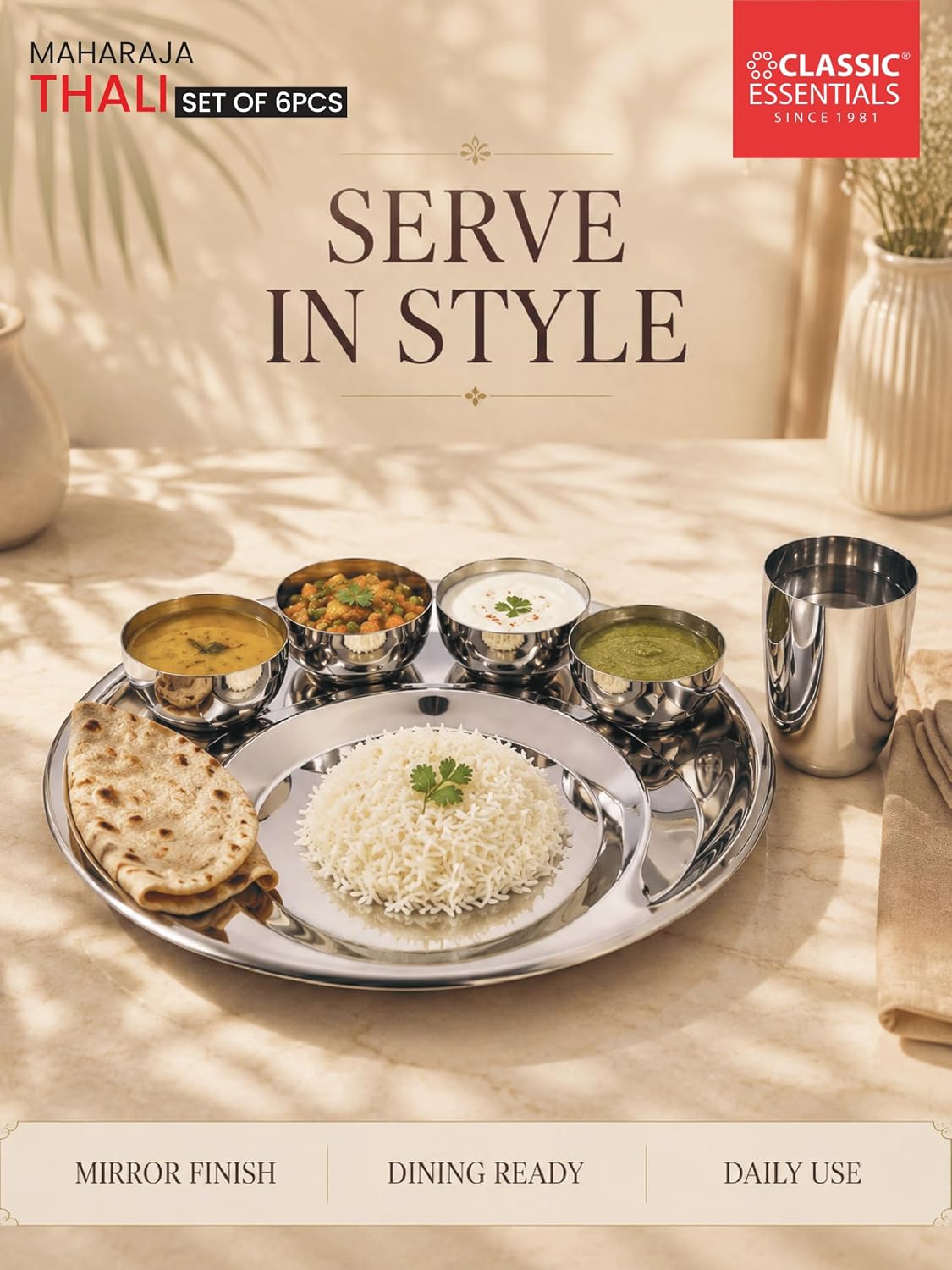 Classic Essentials Stainless Steel Maharaja Thali Set with Elegant Laser Design | 12 Inch Premium Dinner Plate Set with 4 Bowls, 1 Glass, 1 Spoon & 1 Fork | Dining Set for Home & Kitchen (Pack of 7)