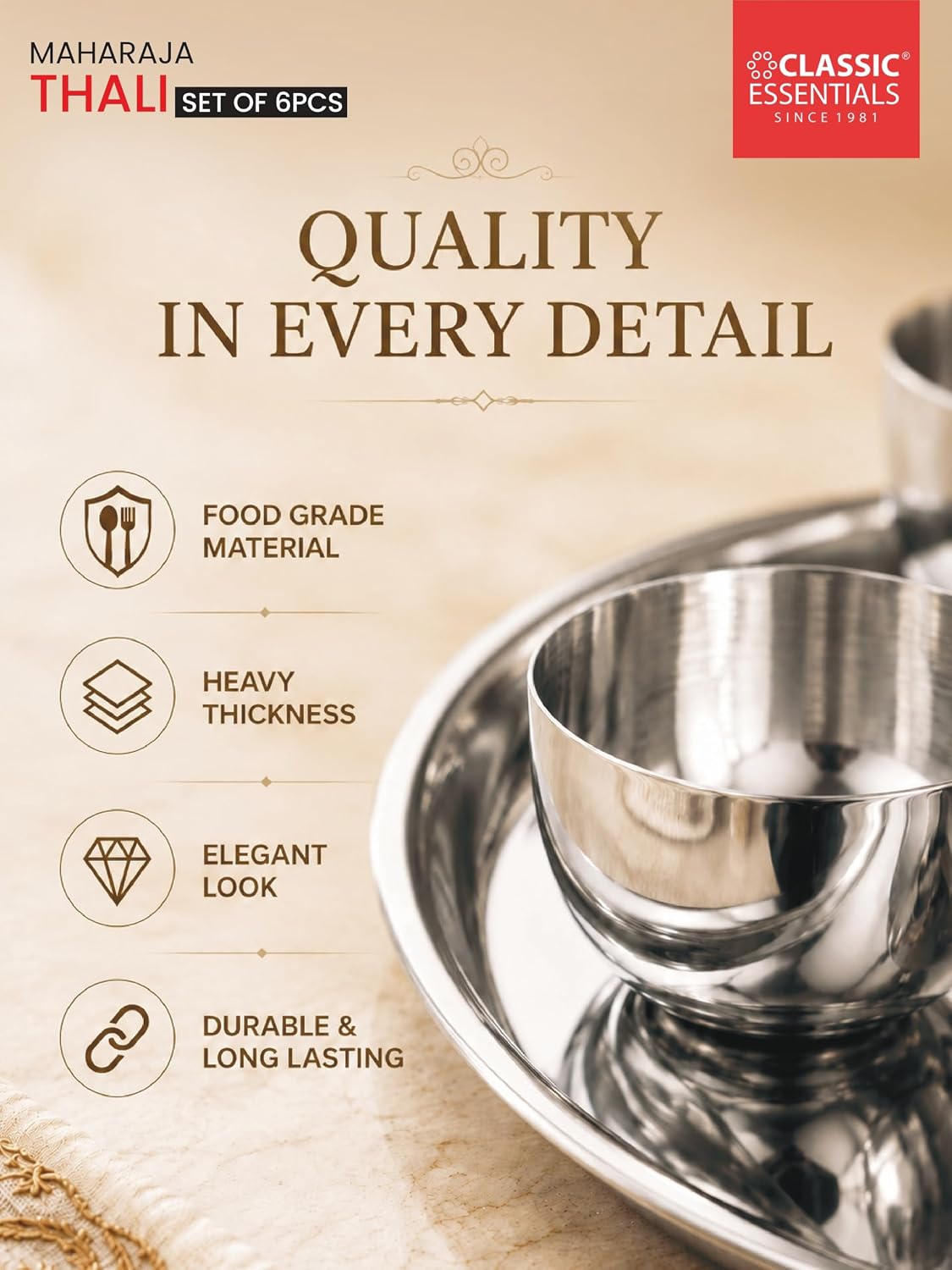 Classic Essentials Stainless Steel Maharaja Thali Set with Elegant Laser Design | 12 Inch Premium Dinner Plate Set with 4 Bowls, 1 Glass, 1 Spoon & 1 Fork | Dining Set for Home & Kitchen (Pack of 7)