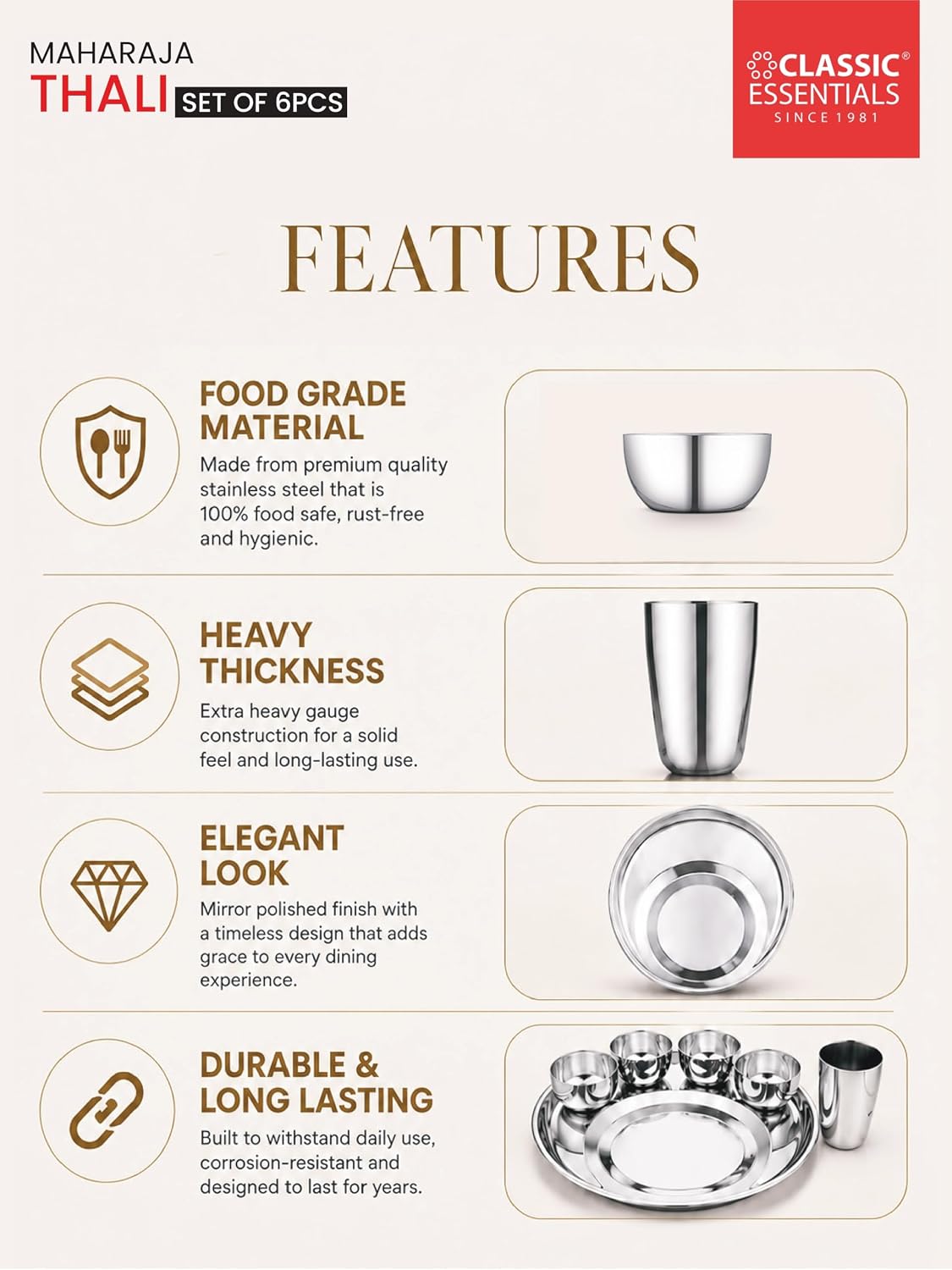 Classic Essentials Stainless Steel Maharaja Thali Set with Elegant Laser Design | 12 Inch Premium Dinner Plate Set with 4 Bowls, 1 Glass, 1 Spoon & 1 Fork | Dining Set for Home & Kitchen (Pack of 7)