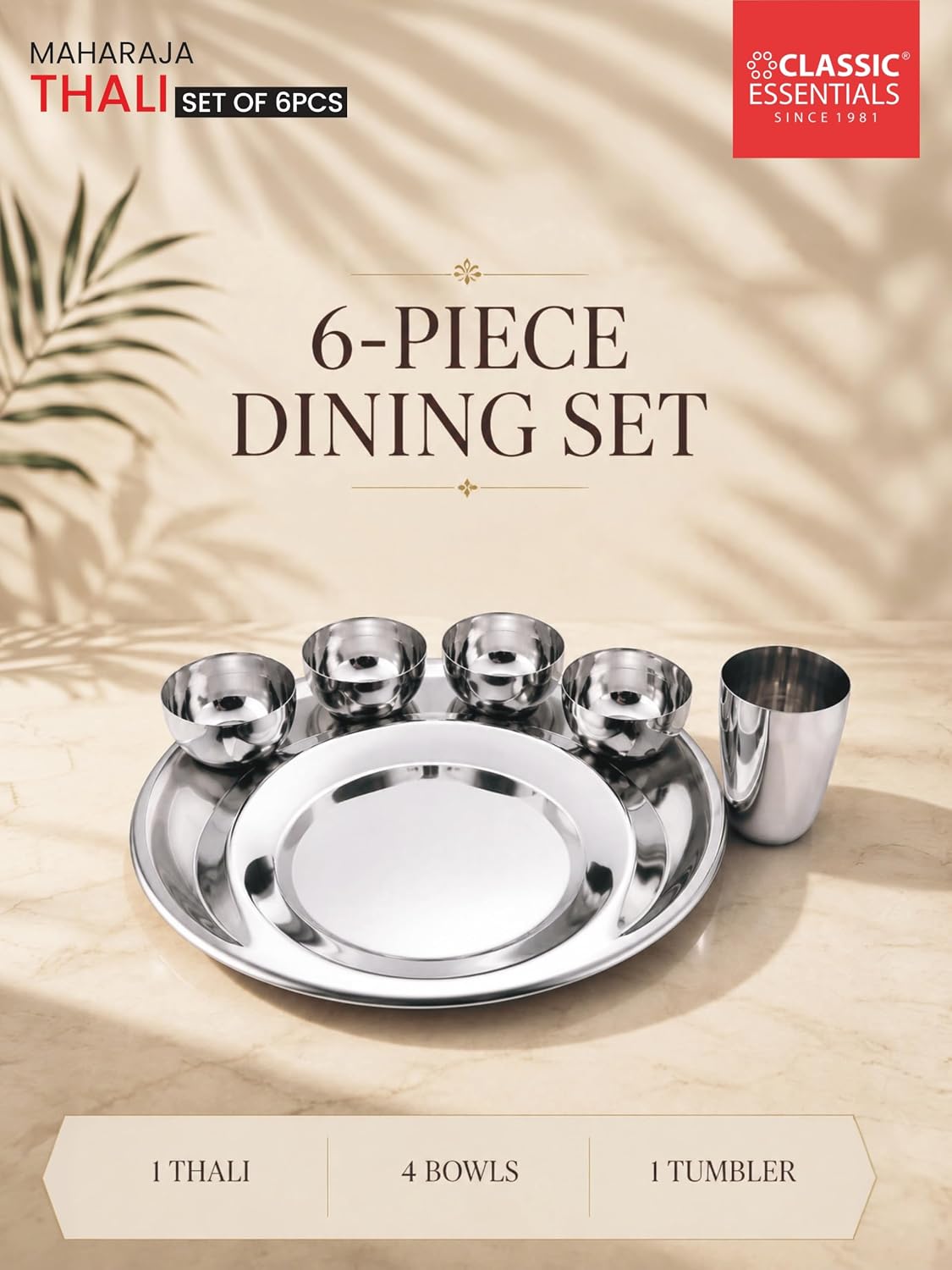Classic Essentials Stainless Steel Maharaja Thali Set with Elegant Laser Design | 12 Inch Premium Dinner Plate Set with 4 Bowls, 1 Glass, 1 Spoon & 1 Fork | Dining Set for Home & Kitchen (Pack of 7)