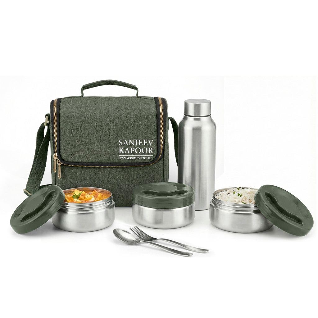 Sanjeev Kapoor by Classic Essentials Nutri Nest Insulated Lunch Box with Bottle | 3 x 400ml Leak Proof Stainless Steel Tiffin Box with Bag & Cutlery | Microwave Friendly Lunch Box for Office | Green