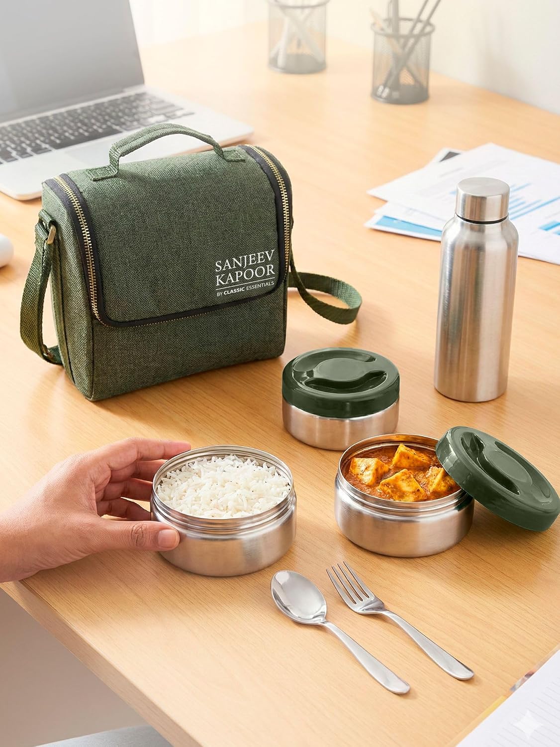 Sanjeev Kapoor by Classic Essentials Nutri Nest Insulated Lunch Box with Bottle | 3 x 400ml Leak Proof Stainless Steel Tiffin Box with Bag & Cutlery | Microwave Friendly Lunch Box for Office | Green
