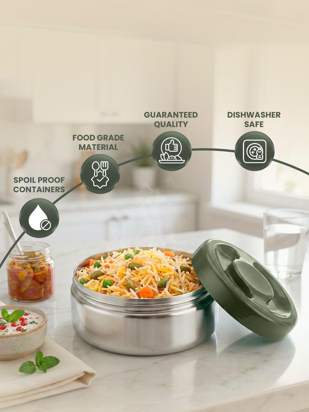 Sanjeev Kapoor by Classic Essentials Nutri Nest Insulated Lunch Box with Bottle | 3 x 400ml Leak Proof Stainless Steel Tiffin Box with Bag & Cutlery | Microwave Friendly Lunch Box for Office | Green
