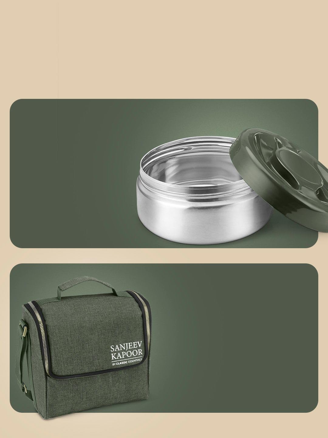 Sanjeev Kapoor by Classic Essentials Nutri Nest Insulated Lunch Box with Bottle | 3 x 400ml Leak Proof Stainless Steel Tiffin Box with Bag & Cutlery | Microwave Friendly Lunch Box for Office | Green