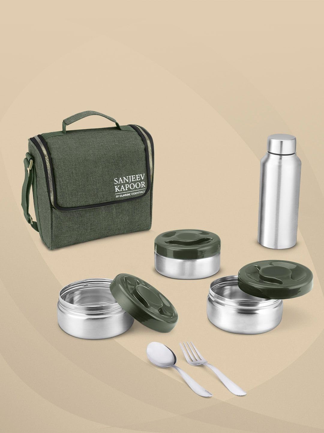 Sanjeev Kapoor by Classic Essentials Nutri Nest Insulated Lunch Box with Bottle | 3 x 400ml Leak Proof Stainless Steel Tiffin Box with Bag & Cutlery | Microwave Friendly Lunch Box for Office | Green
