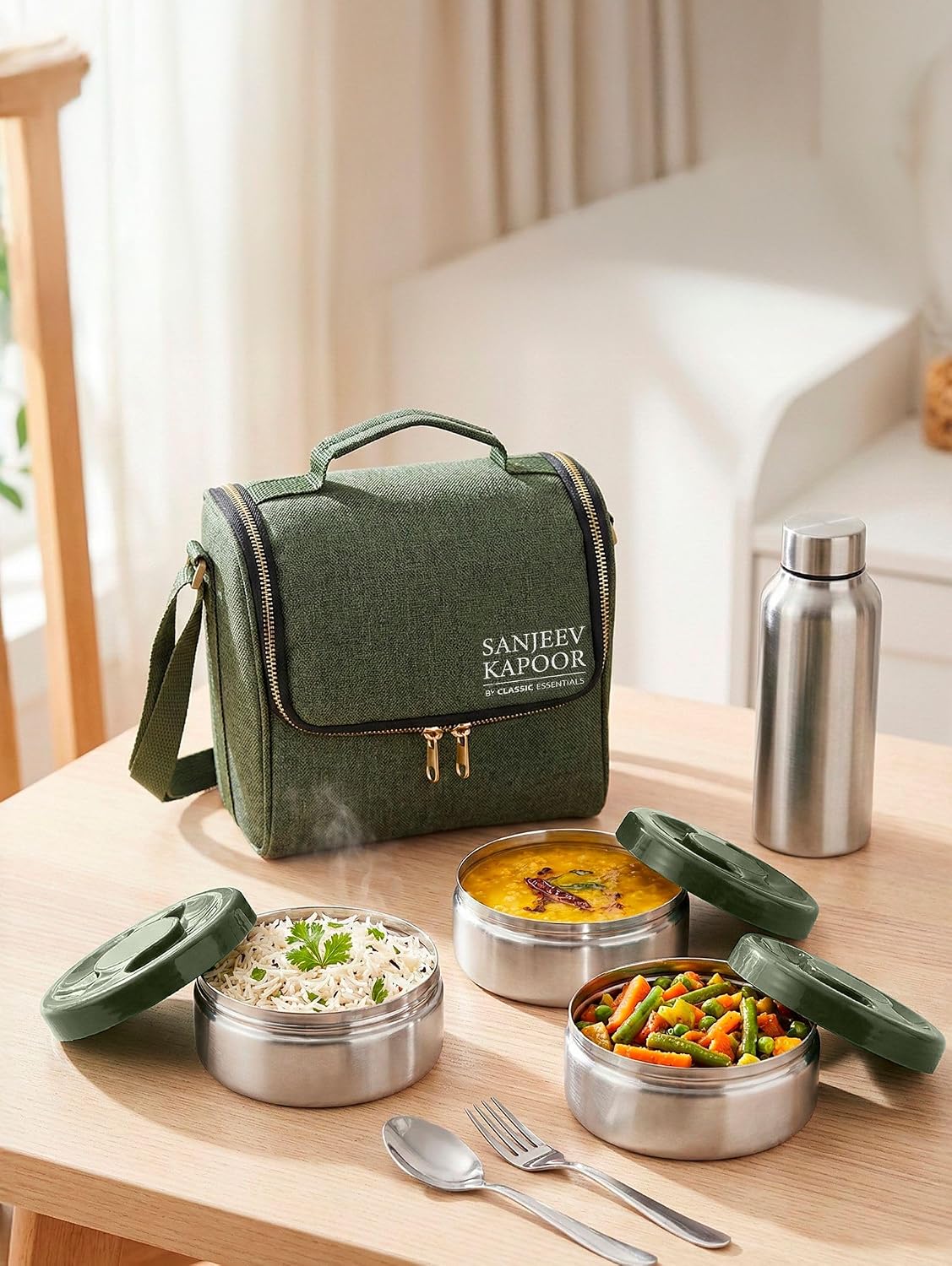 Sanjeev Kapoor by Classic Essentials Nutri Nest Insulated Lunch Box with Bottle | 3 x 400ml Leak Proof Stainless Steel Tiffin Box with Bag & Cutlery | Microwave Friendly Lunch Box for Office | Green