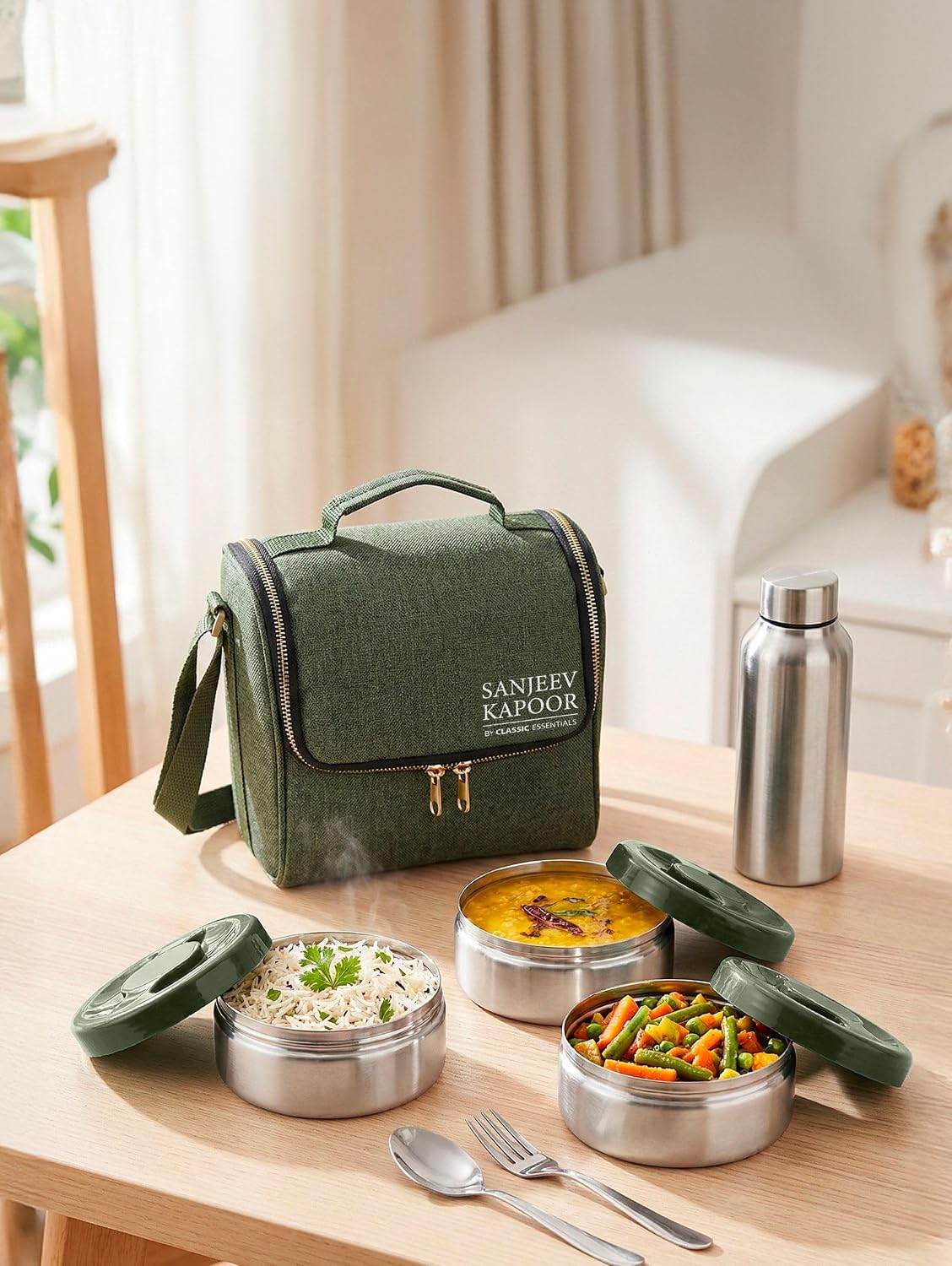 Sanjeev Kapoor by Classic Essentials Nutri Nest Insulated Lunch Box with Bottle | 3 x 400ml Leak Proof Stainless Steel Tiffin Box with Bag & Cutlery | Microwave Friendly Lunch Box for Office | Green