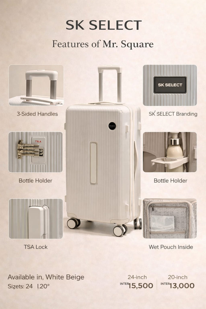 Sanjeev Kapoor Classic Essential Mr. Square Cabin Luggage Set of 2 (20” & 24”) – Lightweight Suitcase with TSA Lock, 360° Spinner Wheels, Bottle Holder, Wet Pouch & 3-Side Handle (White)