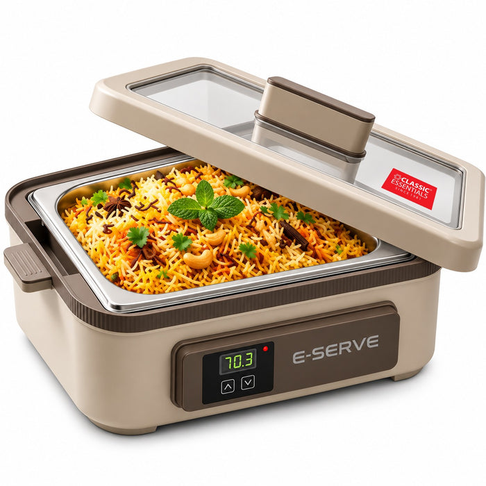 Classic Essentials E-SERVE Electric Food Warmer 1500ml | Smart Temperature Control Food Warmer Casserole | Stainless Steel Inner Container | Keep Food Warm for Dining, Parties & Serving
